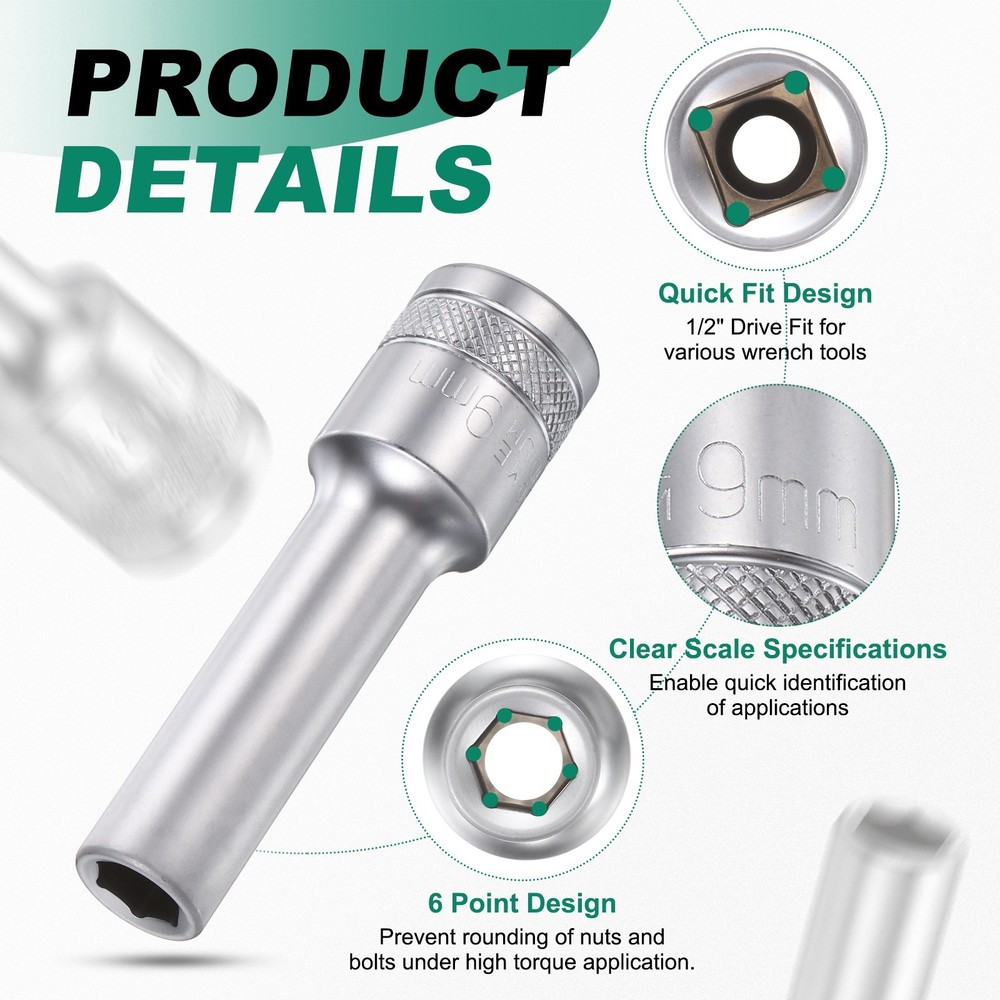 2pcs 6 Points Deep Socket 1/2" Drive 9mm Nickel Plating Hex Socket 3.1" Long