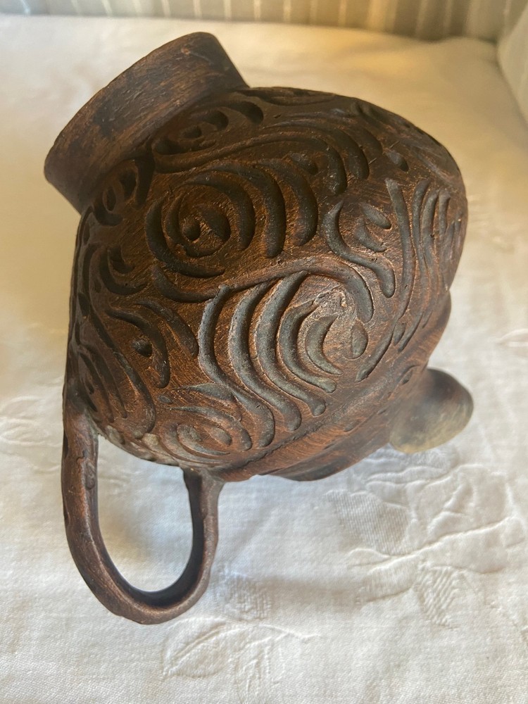 Clay Carved Small Pitcher from China Scrollwork Design 6 inches high