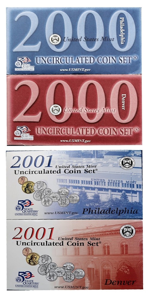 2000 & 2001  P & D STATE QUARTER MINT SETS, 20 GEM BU Quarters