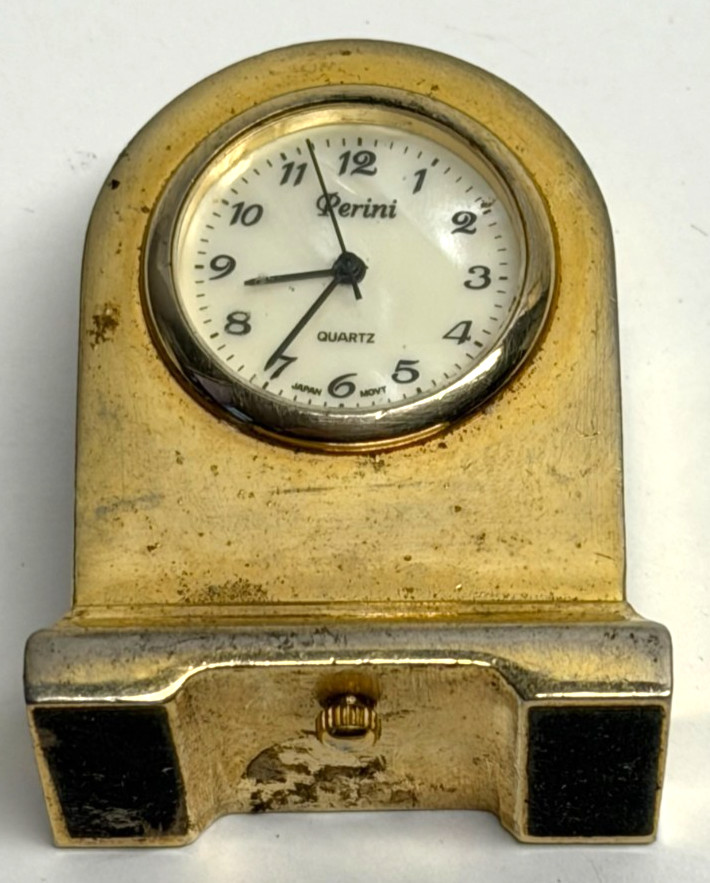 Vintage "Perini" Gold Tone Mini Clock -  Quartz Analog  - Untested