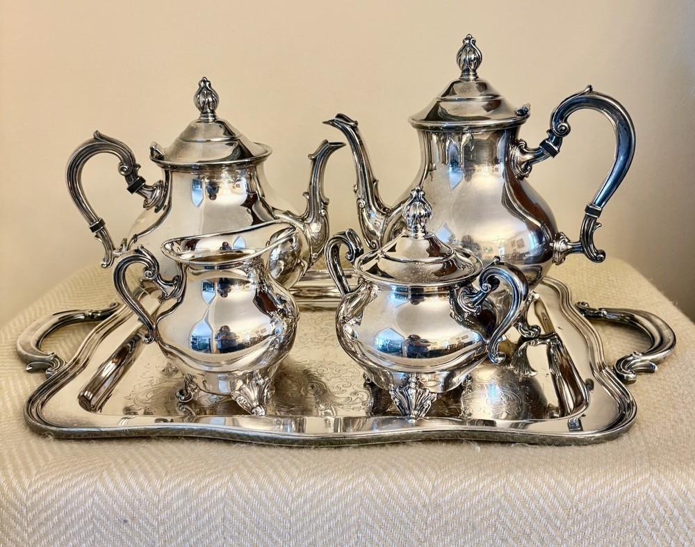 Silverplate 5-piece Coffee Tea Service incl. Tray, Empire Colonial