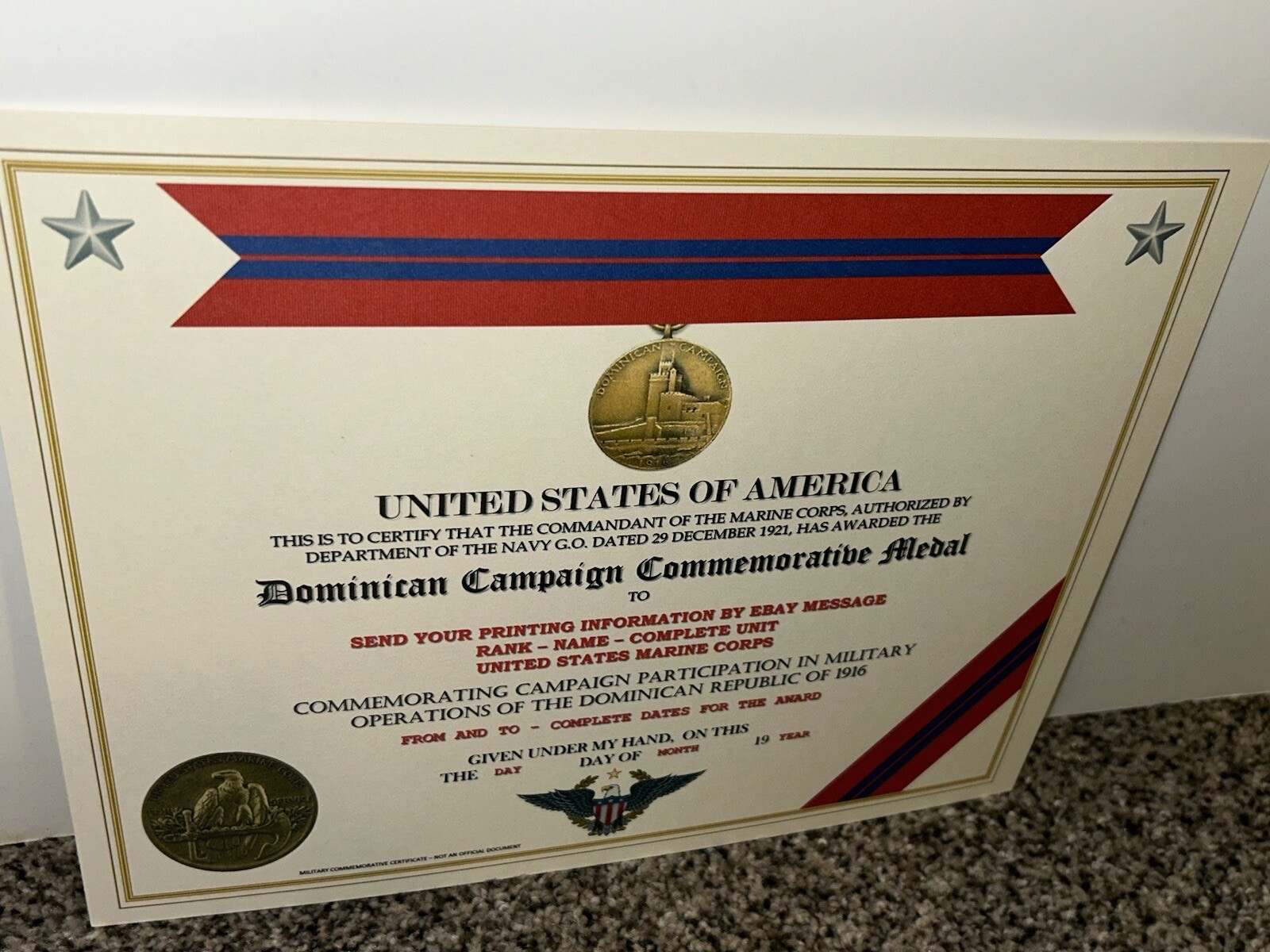 DOMINICAN CAMPAIGN (USMC) COMMEMORATIVE MEDAL CERTIFICATE ~ W/PRINTING TYPE-1