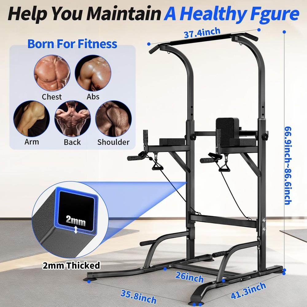 Pull Up Bar Power Tower Dip Station, Adjustable Strength Training Equipment f...