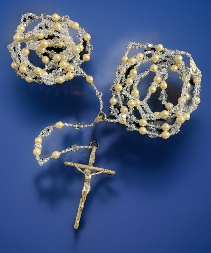 Vintage Catholic Crystal & Pearl  Rosary Wedding Lasso