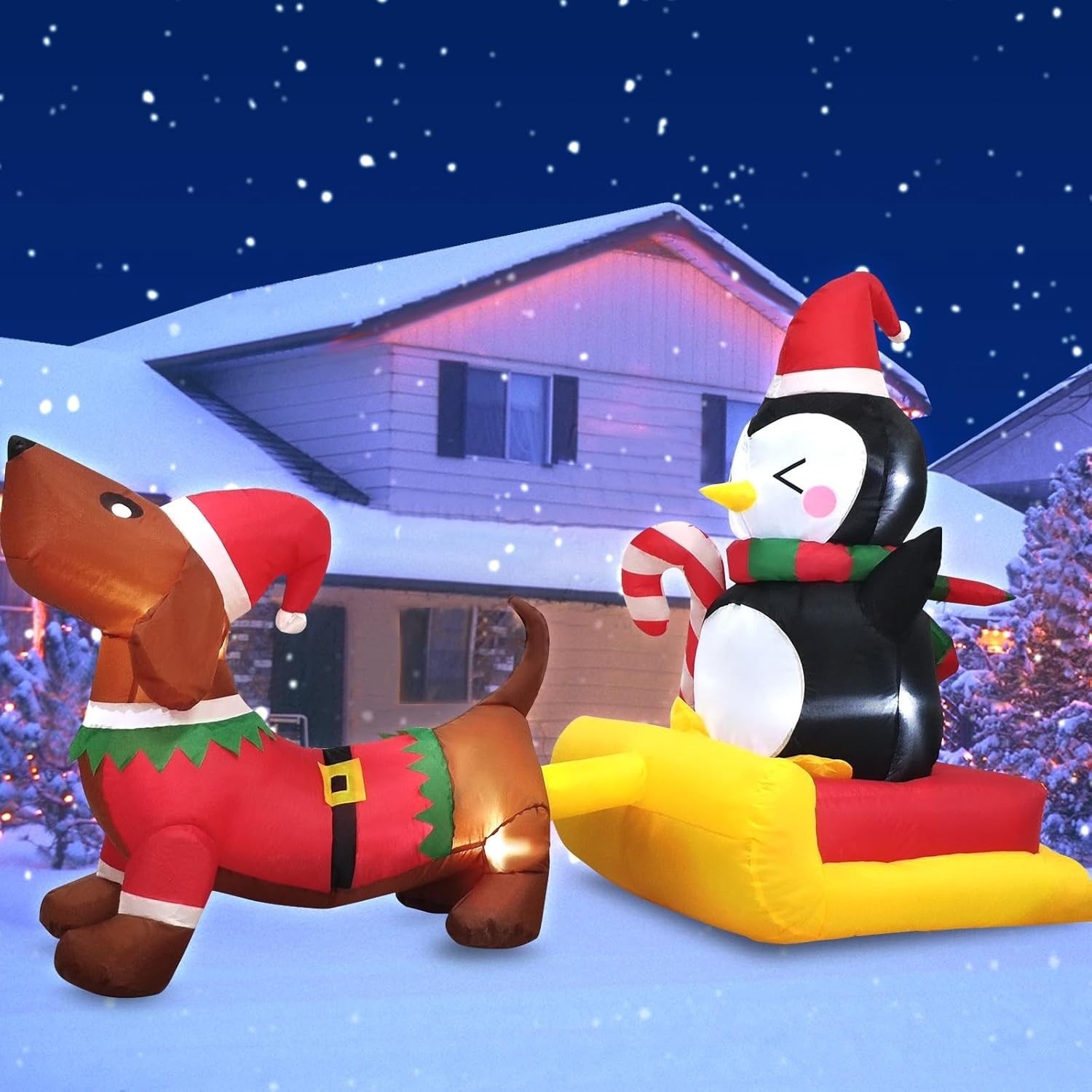 Festive 6 FT Inflatable Dog Sleigh with Penguin - LED Illuminated Holiday Charm
