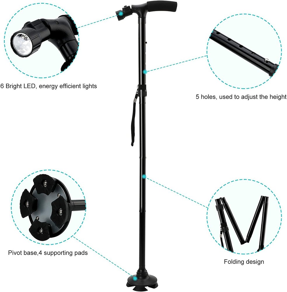 Foldable Retractable LED Walking Cane Stick Adjustable Travel Cane Trekking Pole