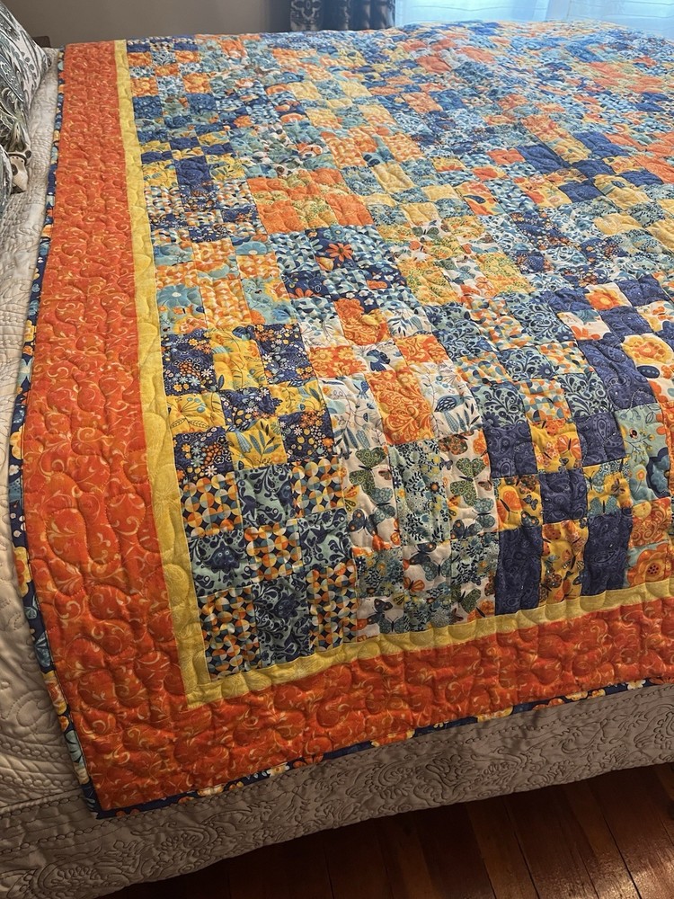 Handmade Quilt Patchwork Cotton Twin Blue & Orange Vibrant Bedspread