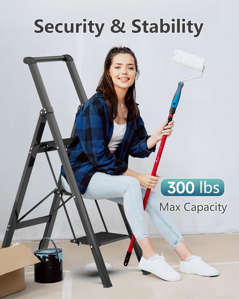 3 Step Ladder, Slim Folding Steps Stool with Handrail, Iron Foldable Black La...