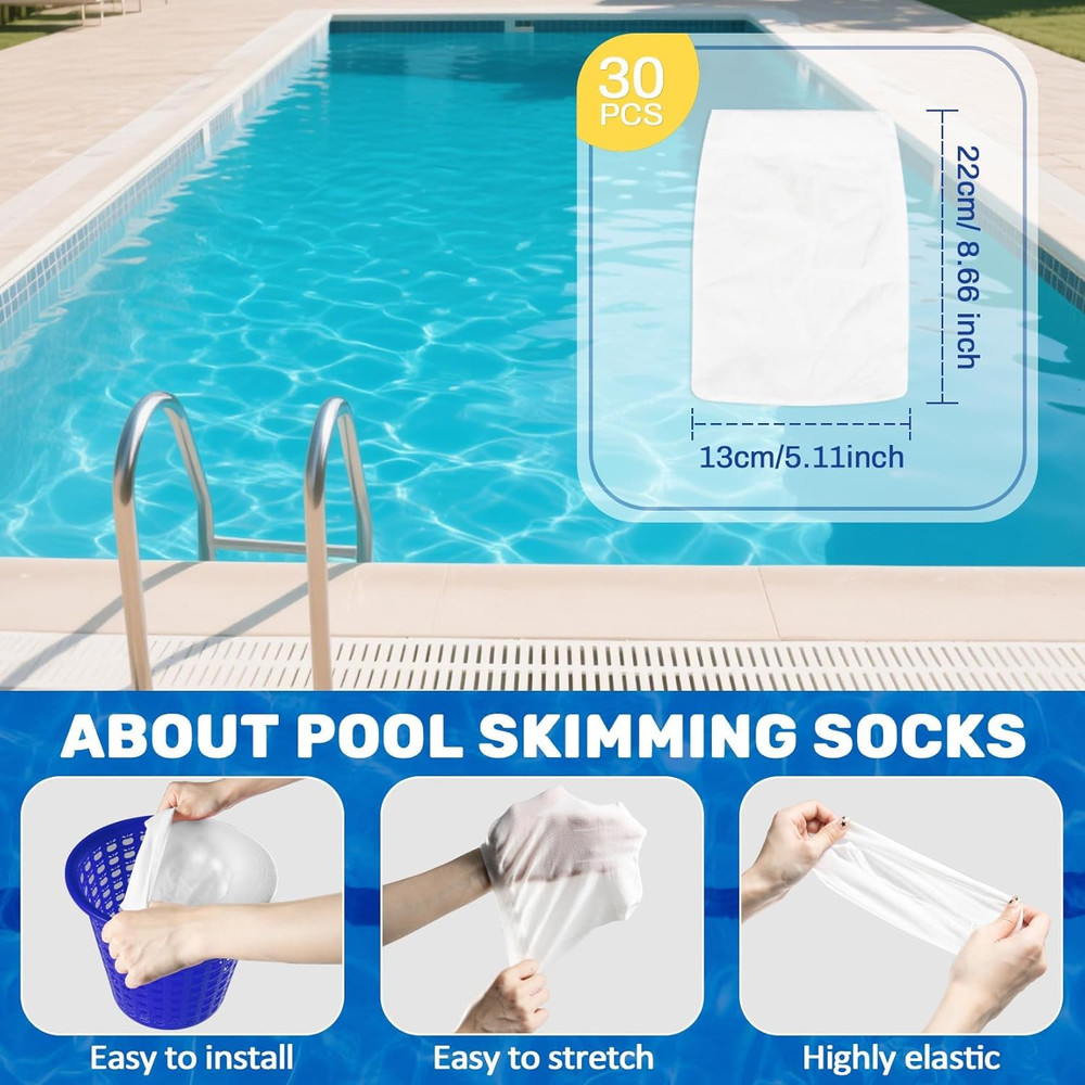 30 Pack Pool Skimmer Socks Reusable Filter Net Inground & Above Ground Pools