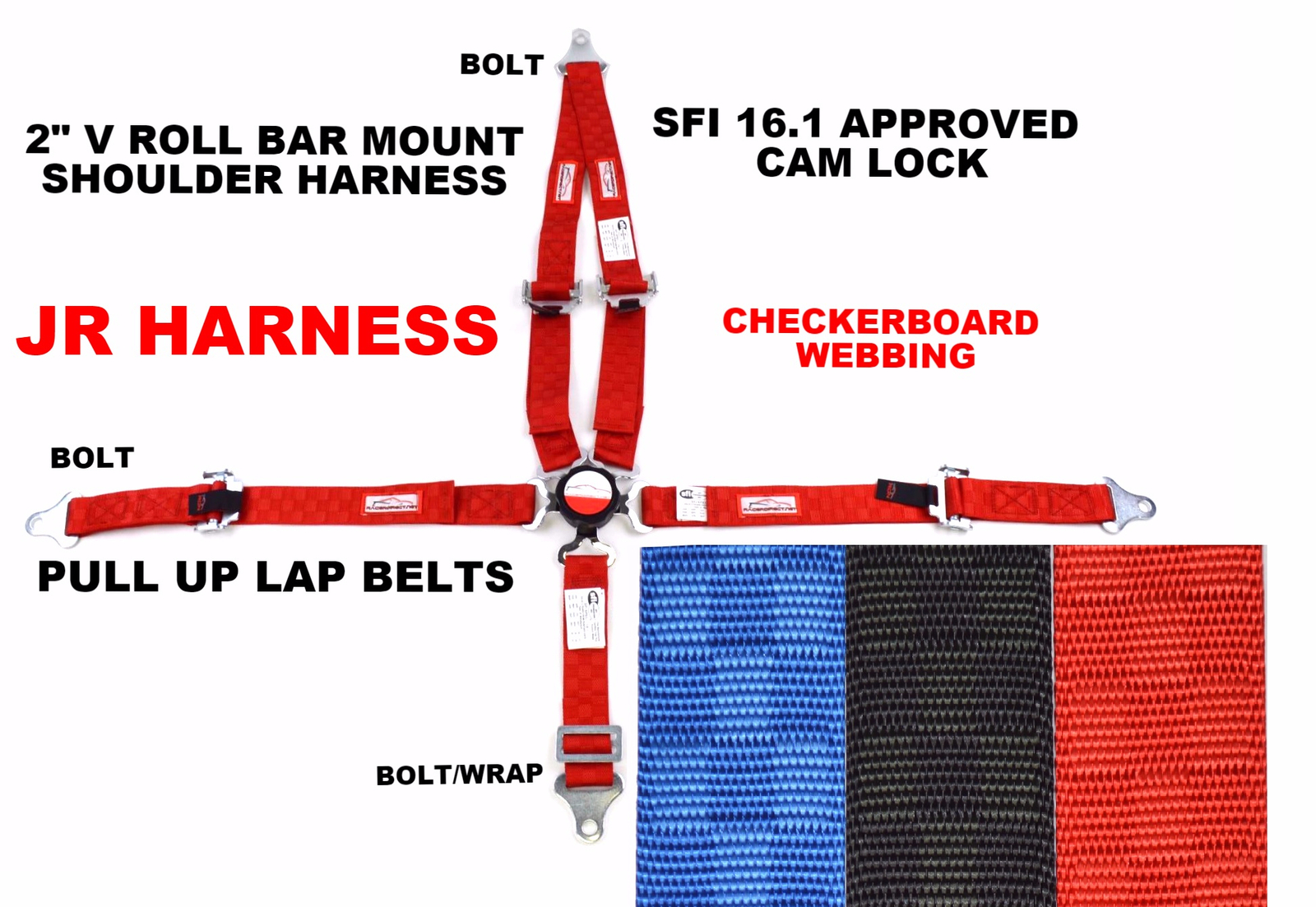 QUARTER MIDGET RACING HARNESS 5 PT CAM LOCK 2" SFI 16.1 V MOUNT CHECKERBOARD