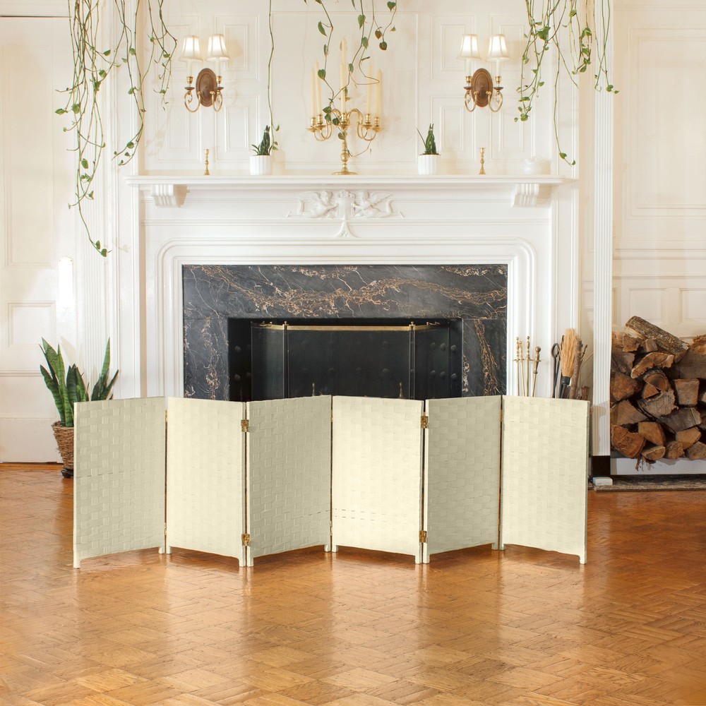 2 ft. Short Woven Fiber Folding Screen - 6 Panel - Cream