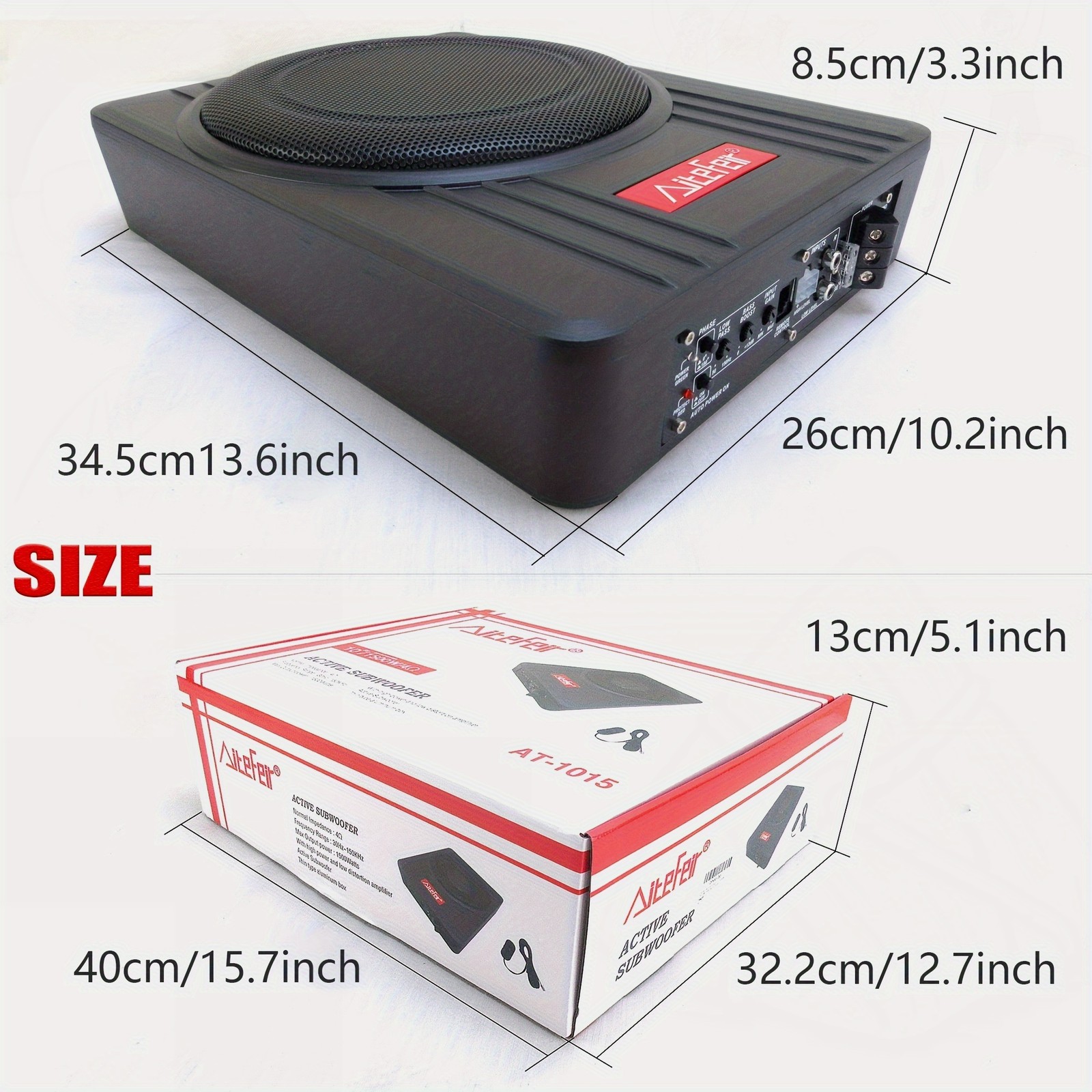 10" 1500W Car Subwoofer - Ultra-Slim Under-Seat, Built-in Amp, Enclosed