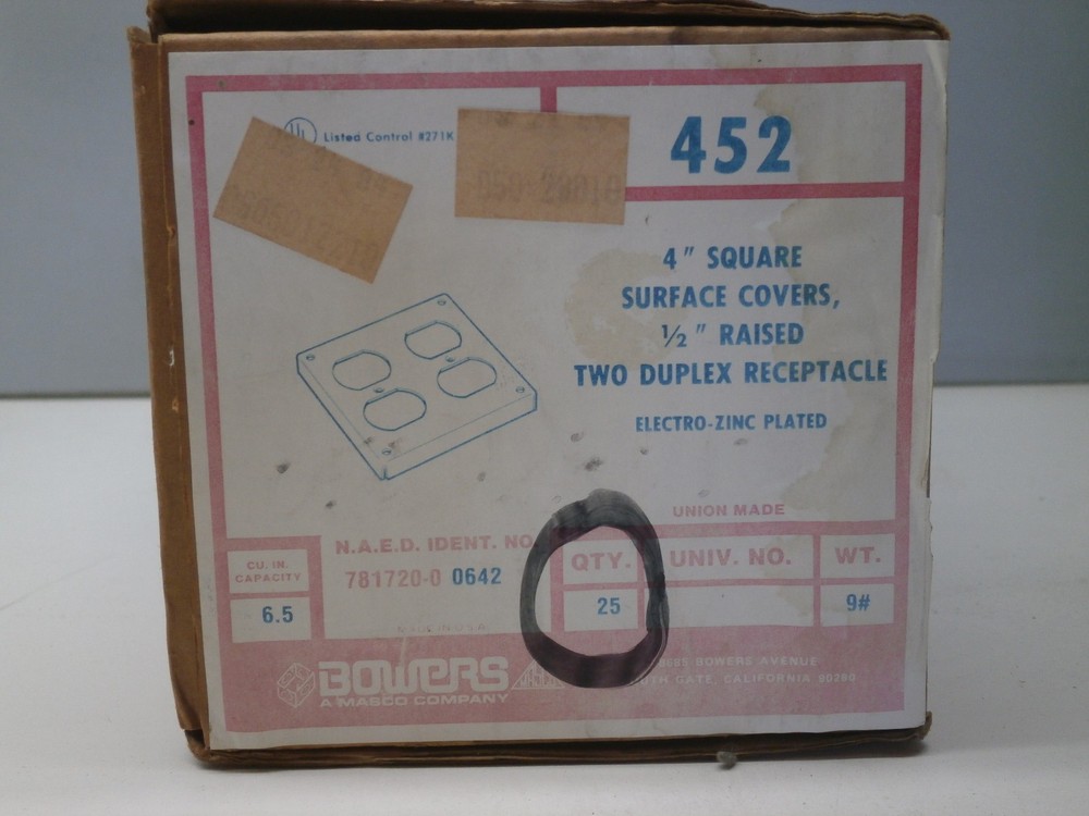 (5-Pack) Bowers 452 Square 4" Surface Covers Two Duplex Receptacle 1/2" Raised