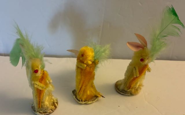 Vintage Set of 3 Chenille Yellow Easter Bunny Rabbits w/Carrot & Feathers Japan