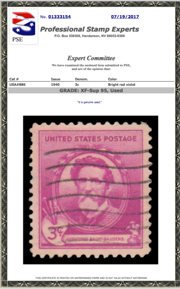#886 Used PSE Graded 95, PSE Cert #  01333154