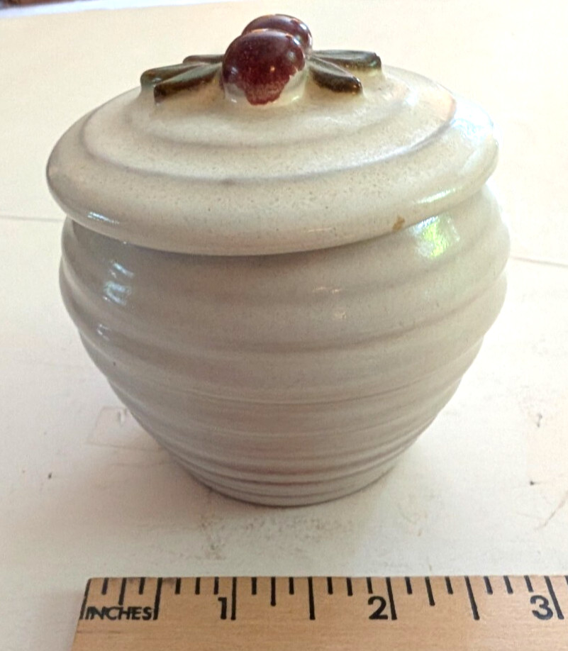 Pottery Covered Container about 3" tall, signed on the bottom
