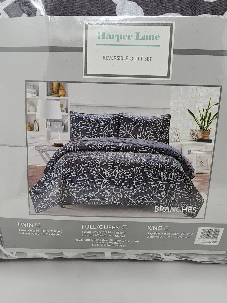 Harper Lane Full/Queen Quilt Set Crushed Microfiber Branches 3-piece Graphite