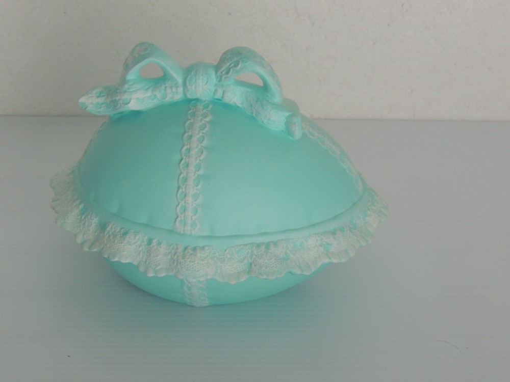Vintage Large Ceramic Easter Egg with Lid turquoise and white lace design 7.5"