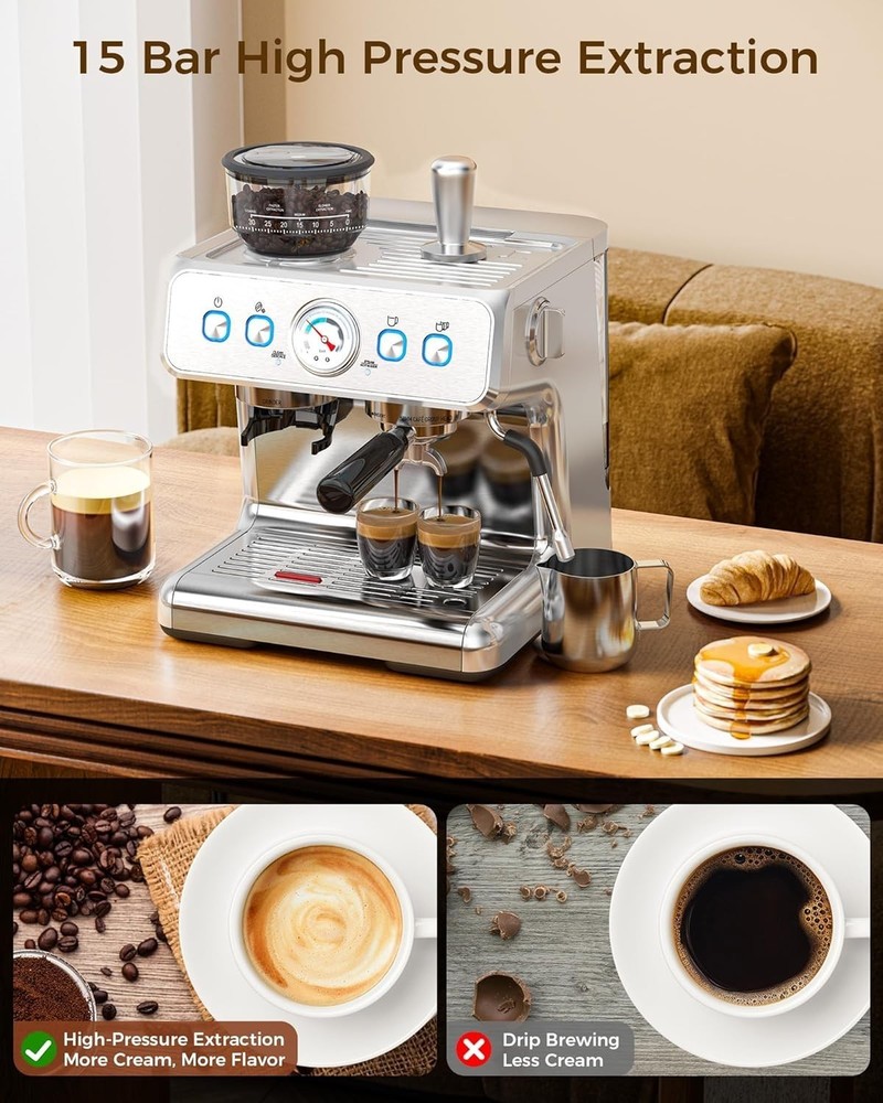Commercial Espresso Machine 15 Bar, Semi-Automatic Coffee Maker w/ Bean Grinder