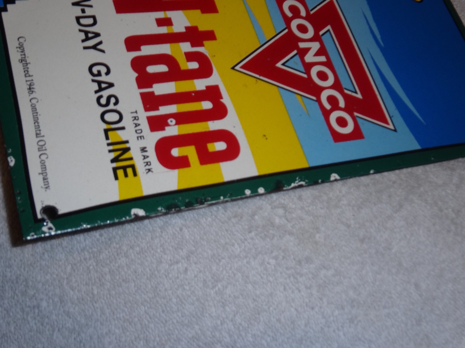 VINTAGE 1946 CONOCO N-TANE SUPERMAN GASOLINE 16" PORCELAIN METAL COMIC BOOK SIGN