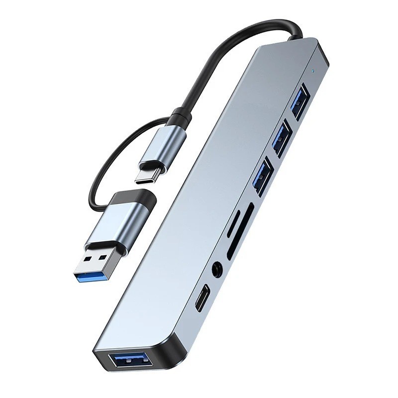 8-in-2 USB Type-C Hub Docking Station Audio Jack Micro SD Reader Adapter