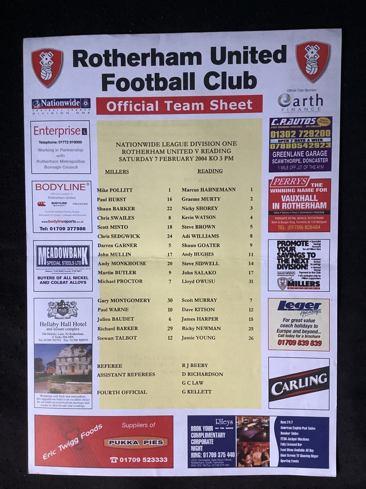 2003/4 Rotherham Utd v Reading teamsheet