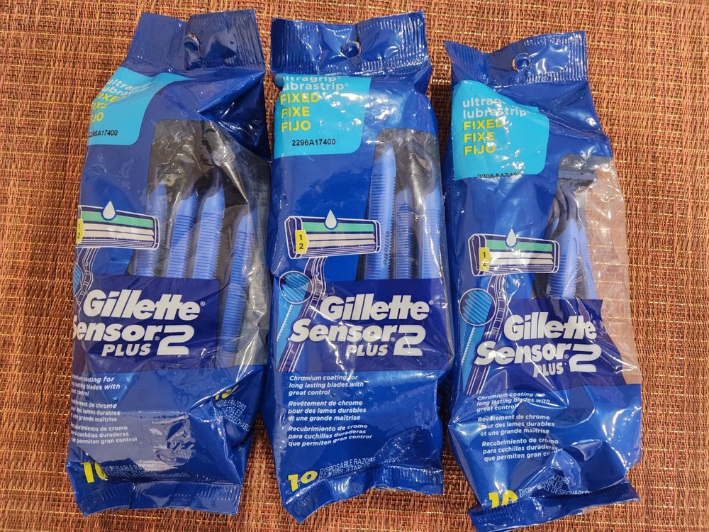 3 PACK GILLETTE SENSOR 2 PLUS ULTRAGRIP LUBRASTRIP FIXED 10 DISPOSABLE RAZORS EA