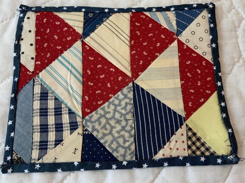 Vintage Antique Patchwork Quilt Table Topper, Early Calicos, Triangles, Multi