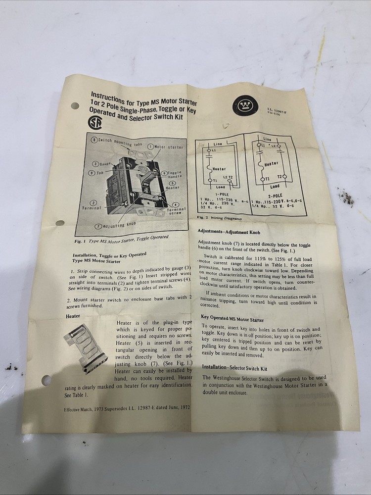 WESTINGHOUSE MST01 MANUAL STARTER SWITCH TOGGLE 1 POLE 373