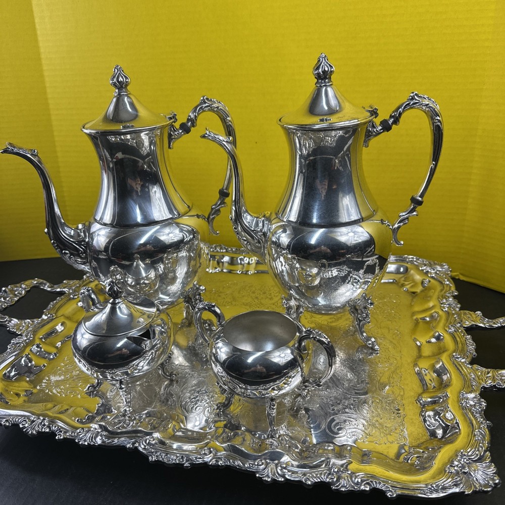 Vintage 5 Pc Sheridan Silver Plate Hand Chased Floral Tea Coffee Pitcher Set