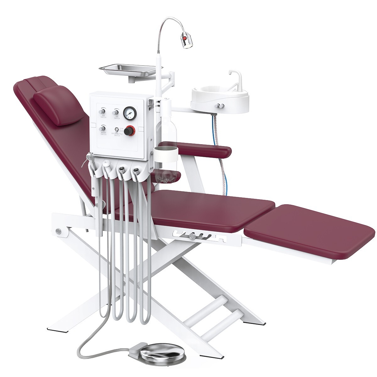 Portable Dental Folding Chair+LED Light+Air Turbine Unit+Weak Suction Burgundy