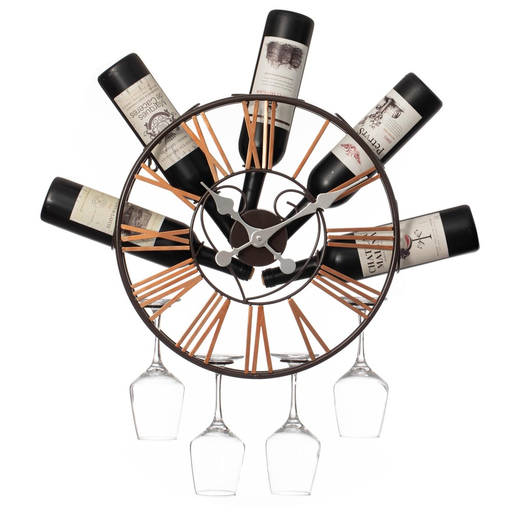 Wall-Mounted Clock Design Wine Holder with Stemware Rack - Unique Shelf for C...