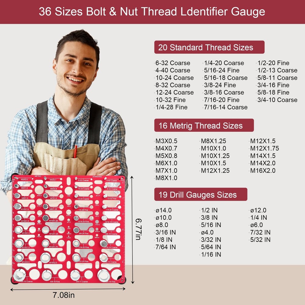 Thread Checker, 55 Bolt Size and Thread Gauge, Bolt Thread Identifier 20 Stan...