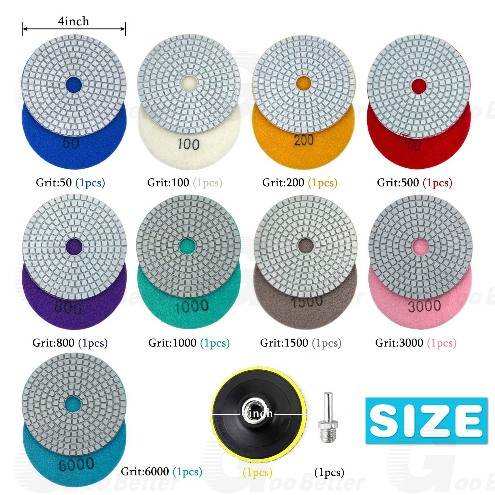 4 Inch 50-6000Grit Diamond Polishing Pads Kit Wet/Dry for Granite Stone Concrete