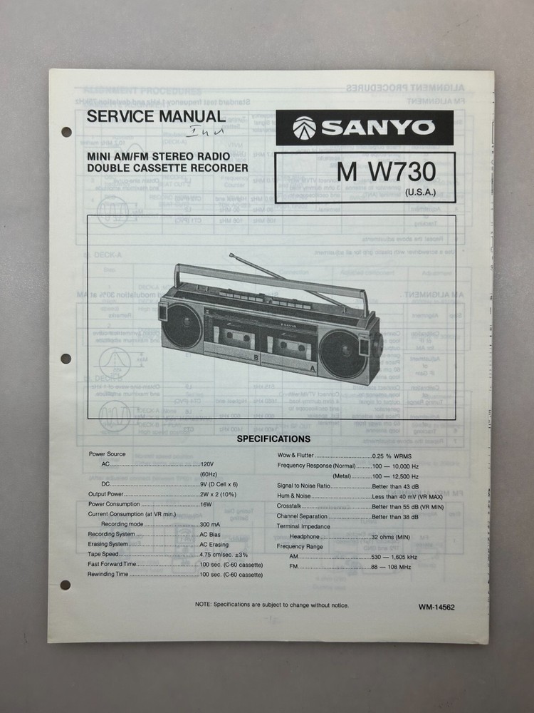 Sanyo M W730 Original Service Manual Free Shipping