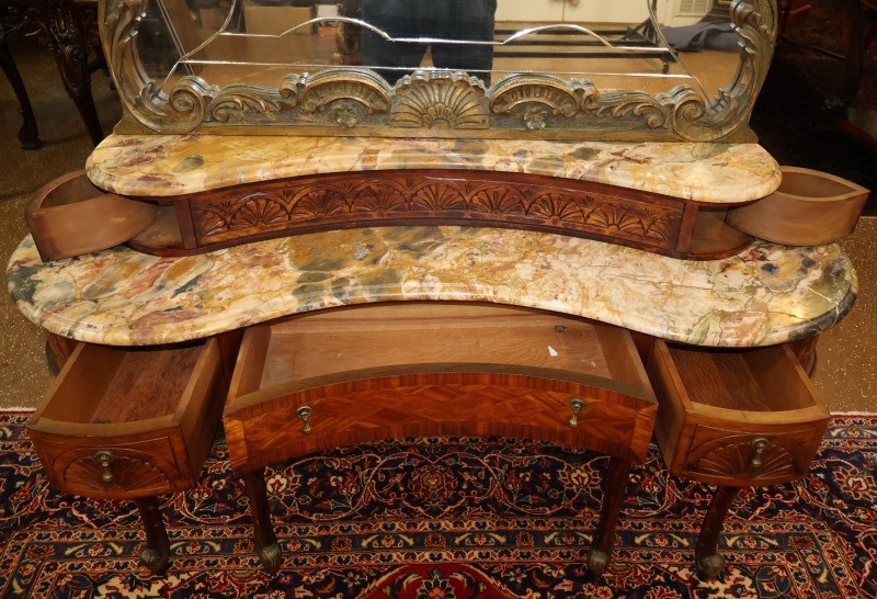 French Louis XV Style Inlaid Walnut Marble Top Etched Mirror Vanity Circa 1920's