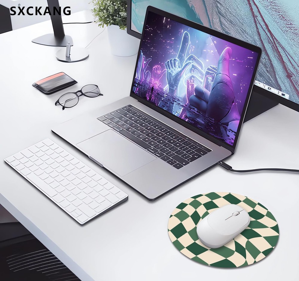 Green Checkered Mouse Pad Small, Abstract Wavy Pattern Mousepad, Cute Aesthet...