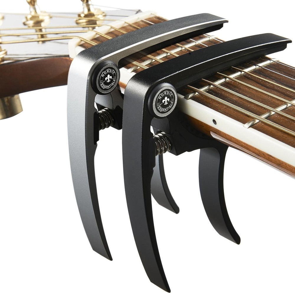 Easy One-Hand Use Capo Duo in Black & Silver - Ideal for All String Instruments