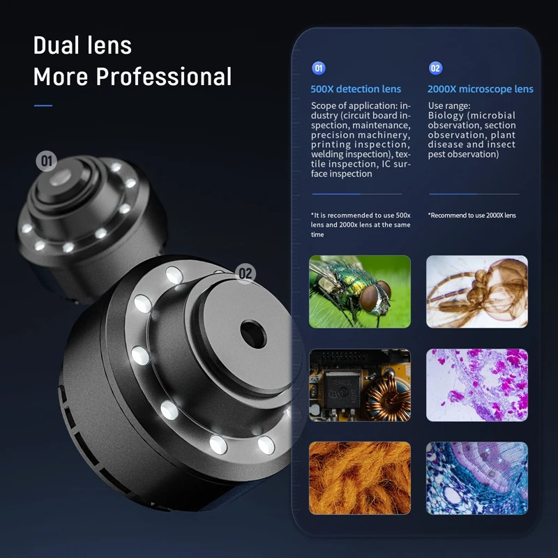 2000X Dual Lens WiFi Digital Microscope 10 LED Support Android IOS USB Computer