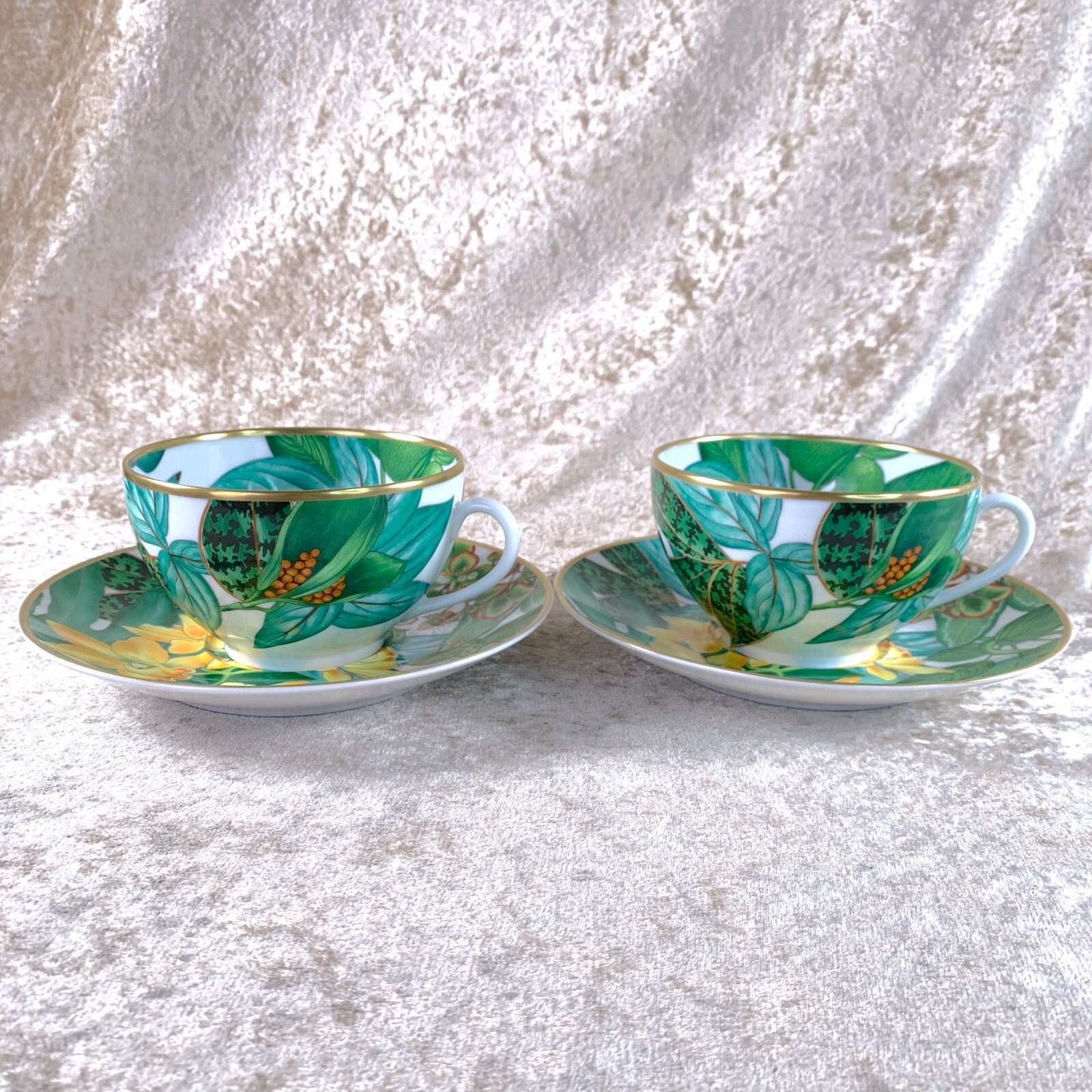 Hermes Large Breakfast Morning Soup Cup & Saucer Passifolia Porcelain 2 Sets