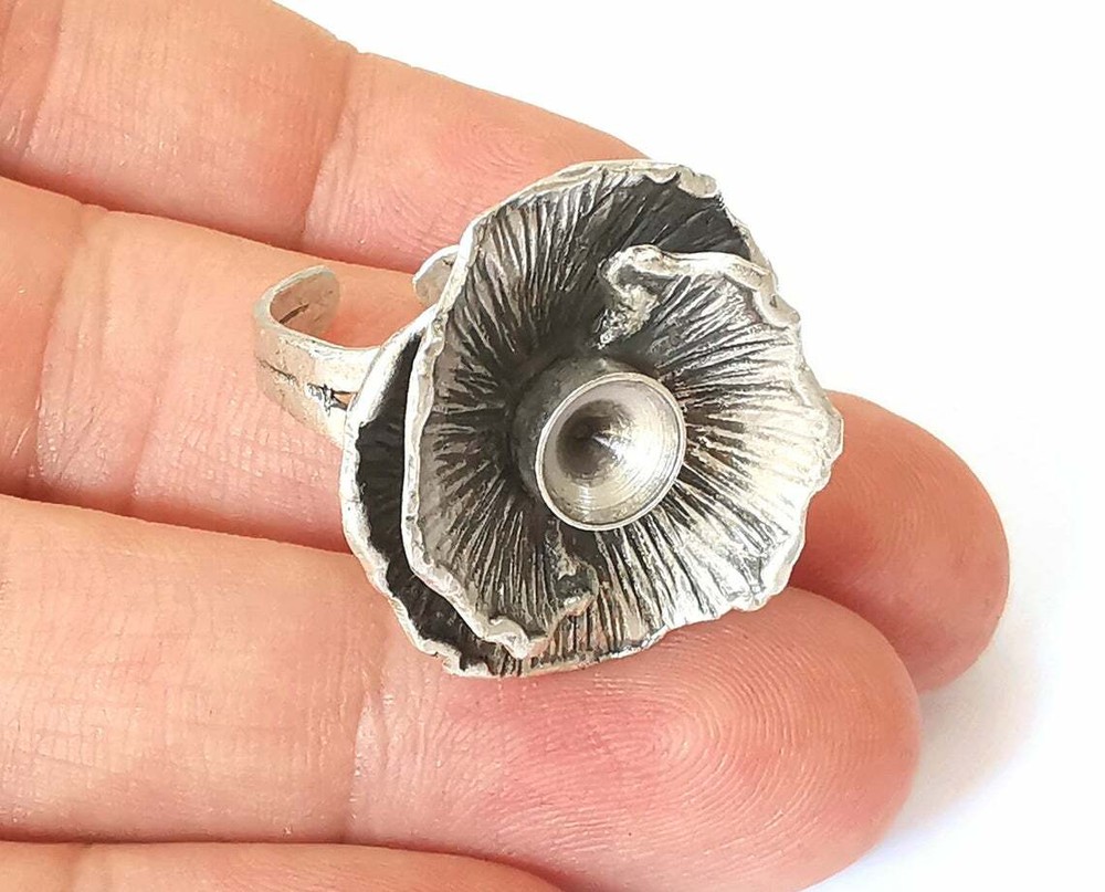 Flower silver ring blank base bezel settings cabochon Mountings Adjustable brass