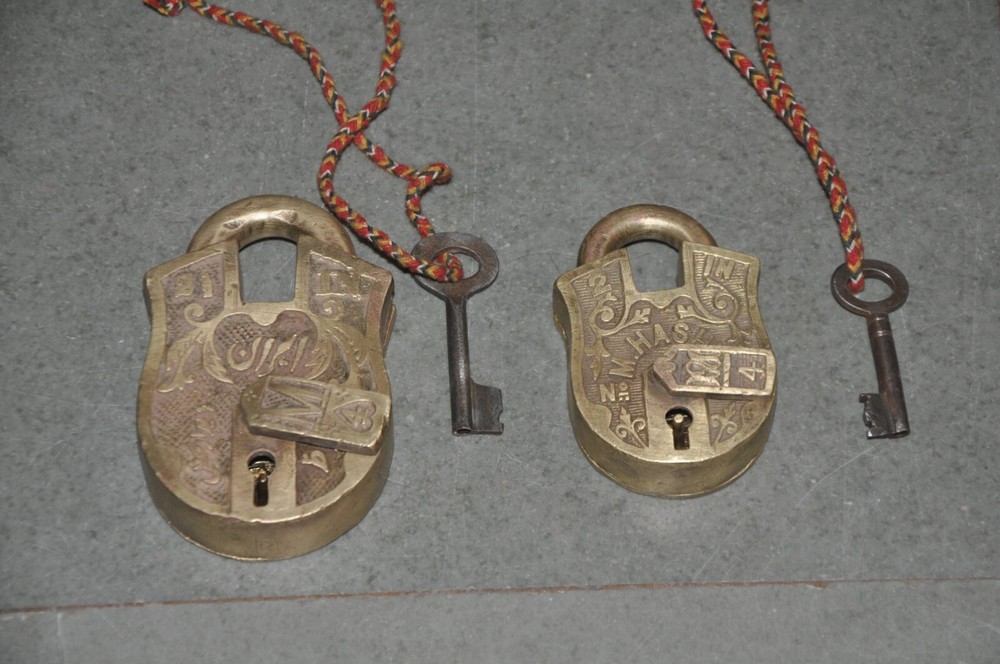2 Pc Vintage Brass Lines Engraved Handcrafted Unique Shape Padlocks
