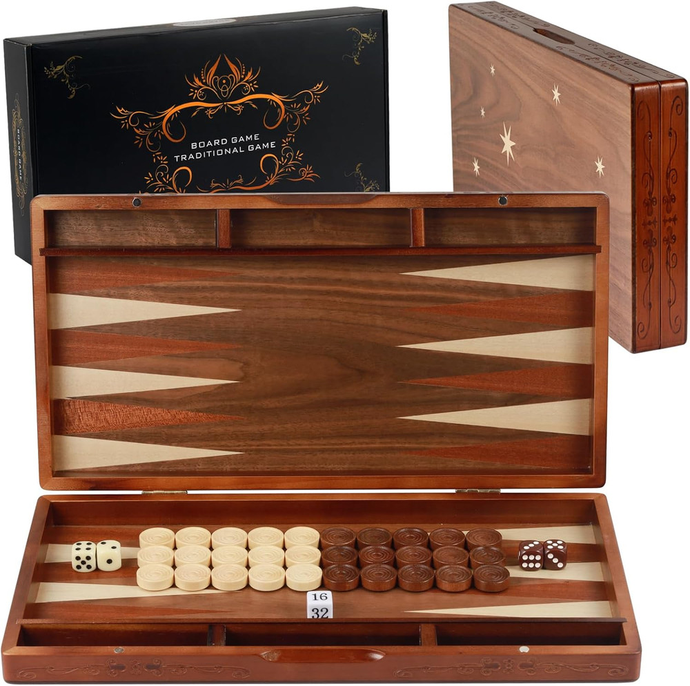 Handcrafted Wooden Backgammon Set, 16" Large Size, Classic Two-Player Strategy B