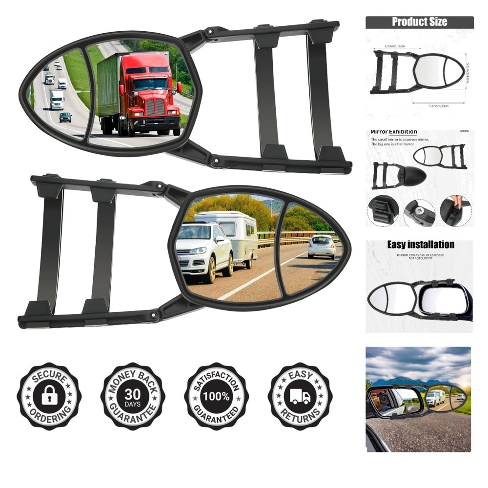 Durable 2-Piece Black Towing Mirror Set - Easy Installation & Adjustable