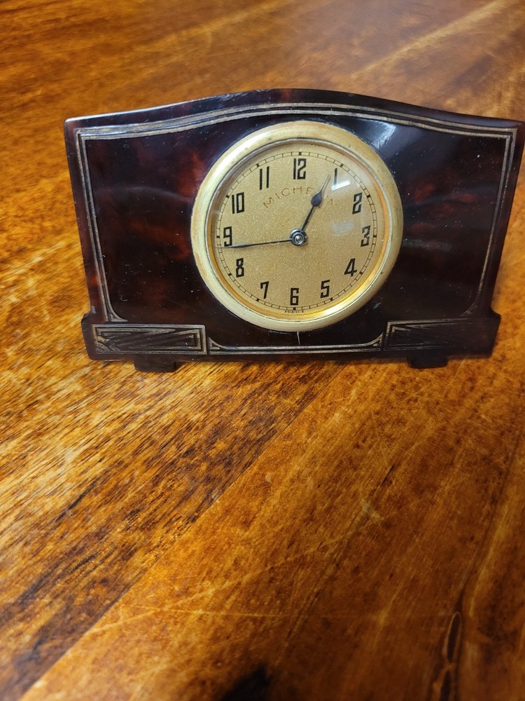 MICHELIN MAN BIBENDUM 1920 1930 MINATURE TABLE CLOCK WORKING SERVICED.