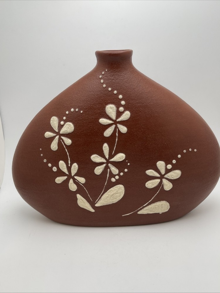 Ceramic Vase With Textured Flowers 9” Tall