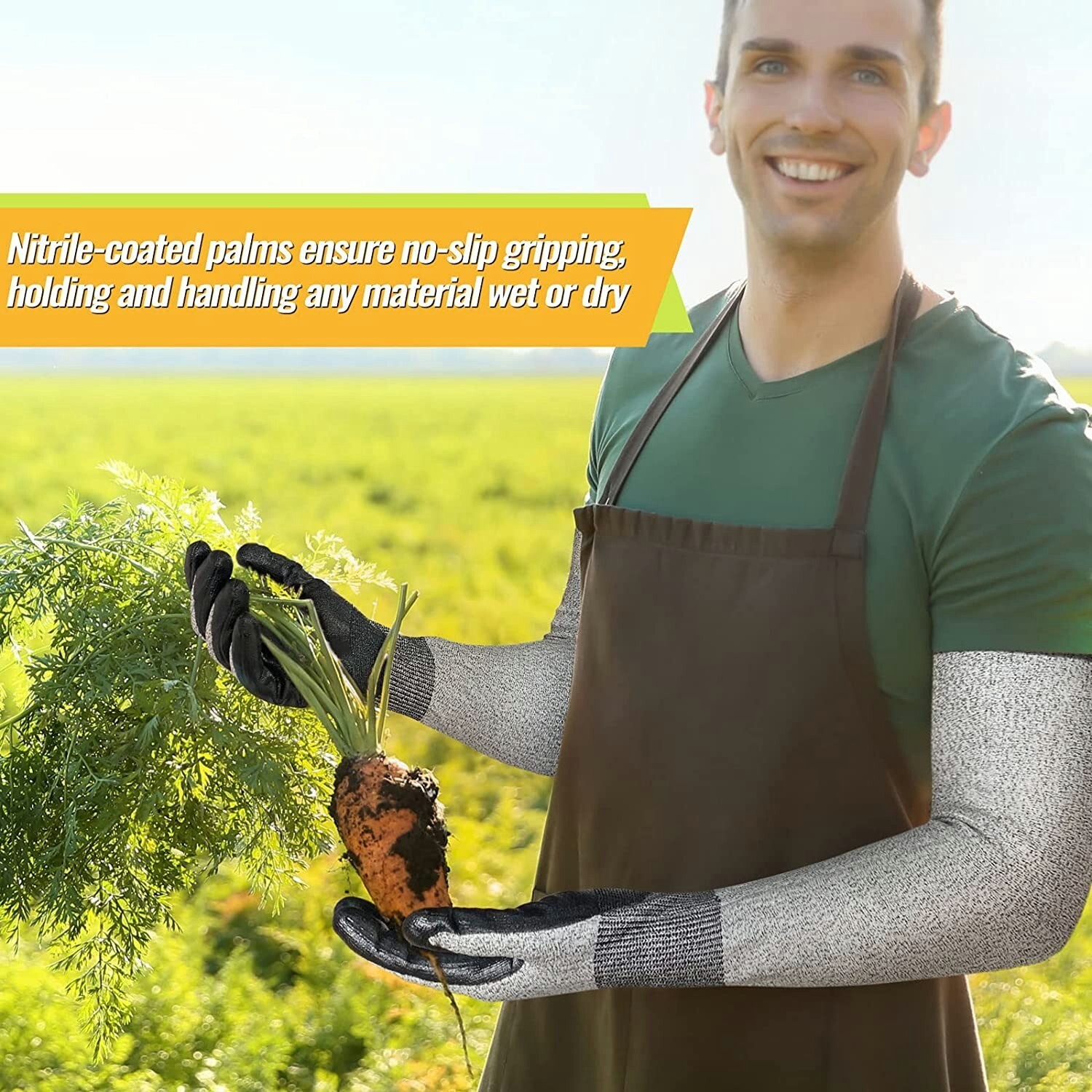 EvridWear Long Gardening Gloves Cut Resistant Sleeves with Nitrile Coated Palm