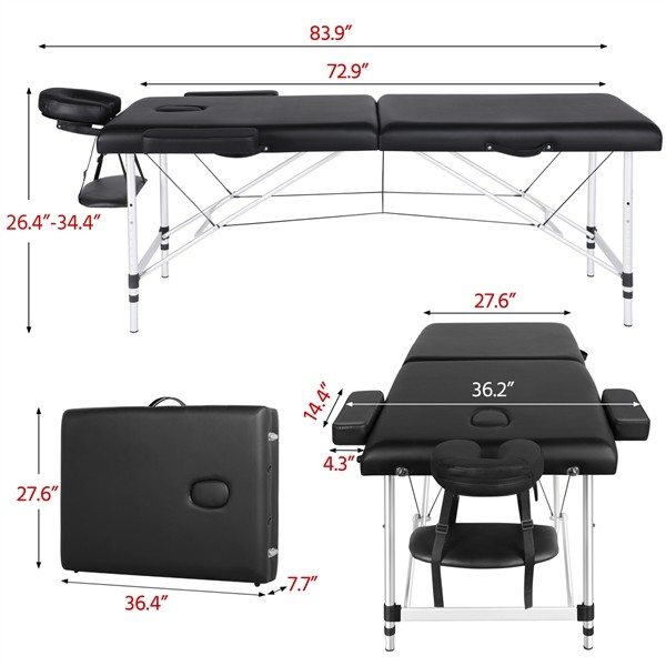 Easy Carrying 2 Fold Aluminum Massage Table Lightweight Tattoo Table, Black,Used