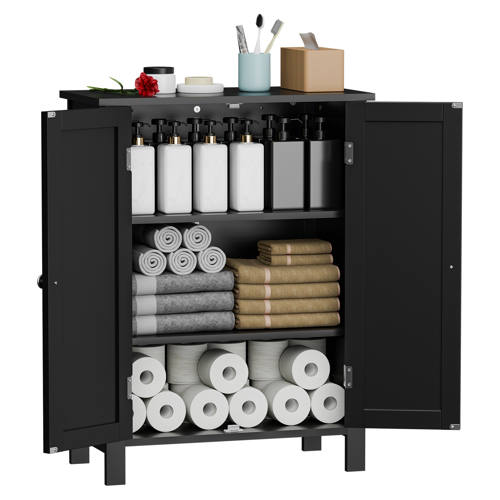 Bathroom Floor Storage Cabinet with Adjustable Shelf Double Door Organizer Black