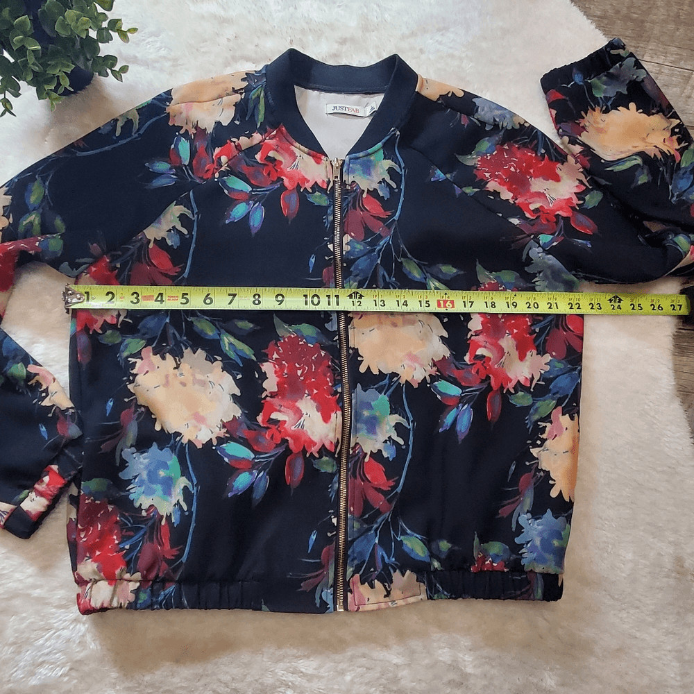 JustFab Black Floral Bomber Jacket, Size Large